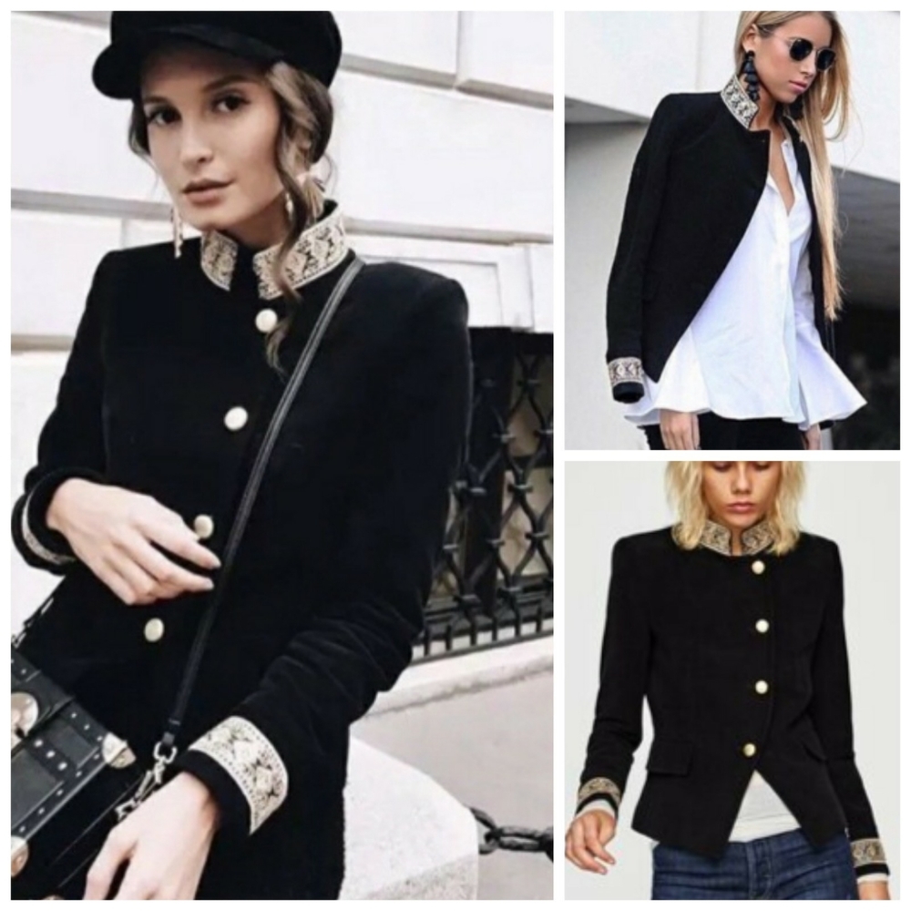 Zara military blazer embroidery black gold L
